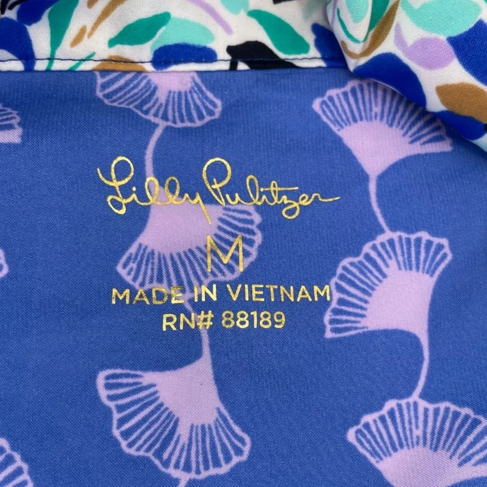 Lilly Pulitzer Winona PJ Top M Ginkgo Party Blue Purple Silky Satin Pajama Shirt